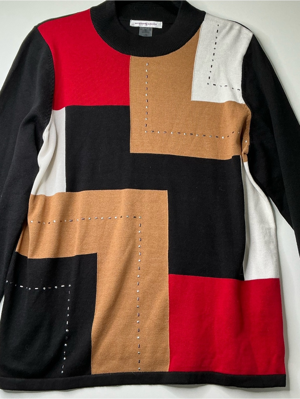 Allison Daley Women’s Sweater Vintage Multicolor Block 3D Gold Bar Gem Rows L